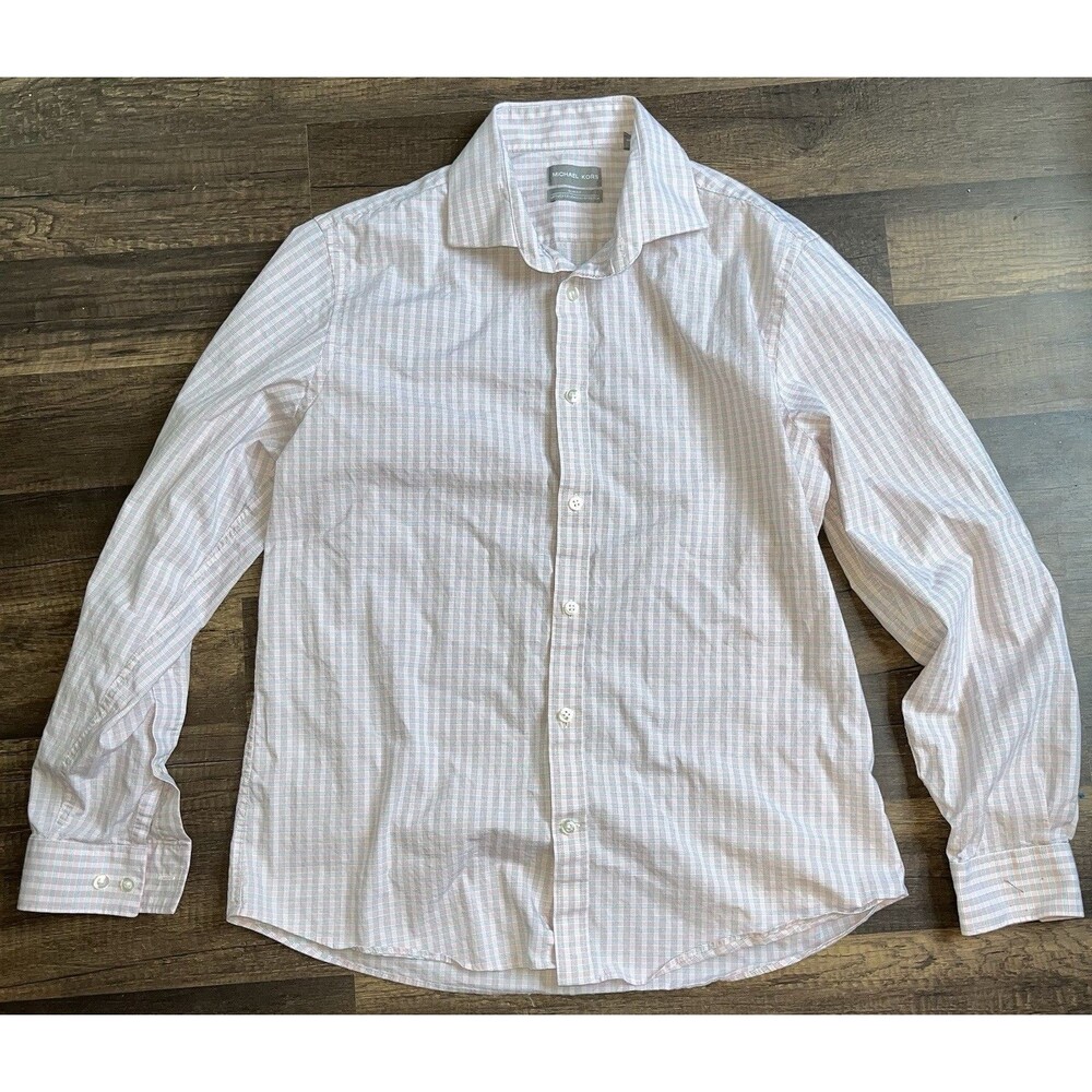 Michael Kors Mens Large Slim Fit Button Down Collared Shirt Stretch Pink White